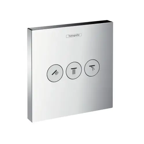 Chromfarbige Unterputzbedieneinheit von Hansgrohe mit drei Symbolen für verschiedene Duschfunktionen auf einer rechteckigen, glatten Oberfläche.